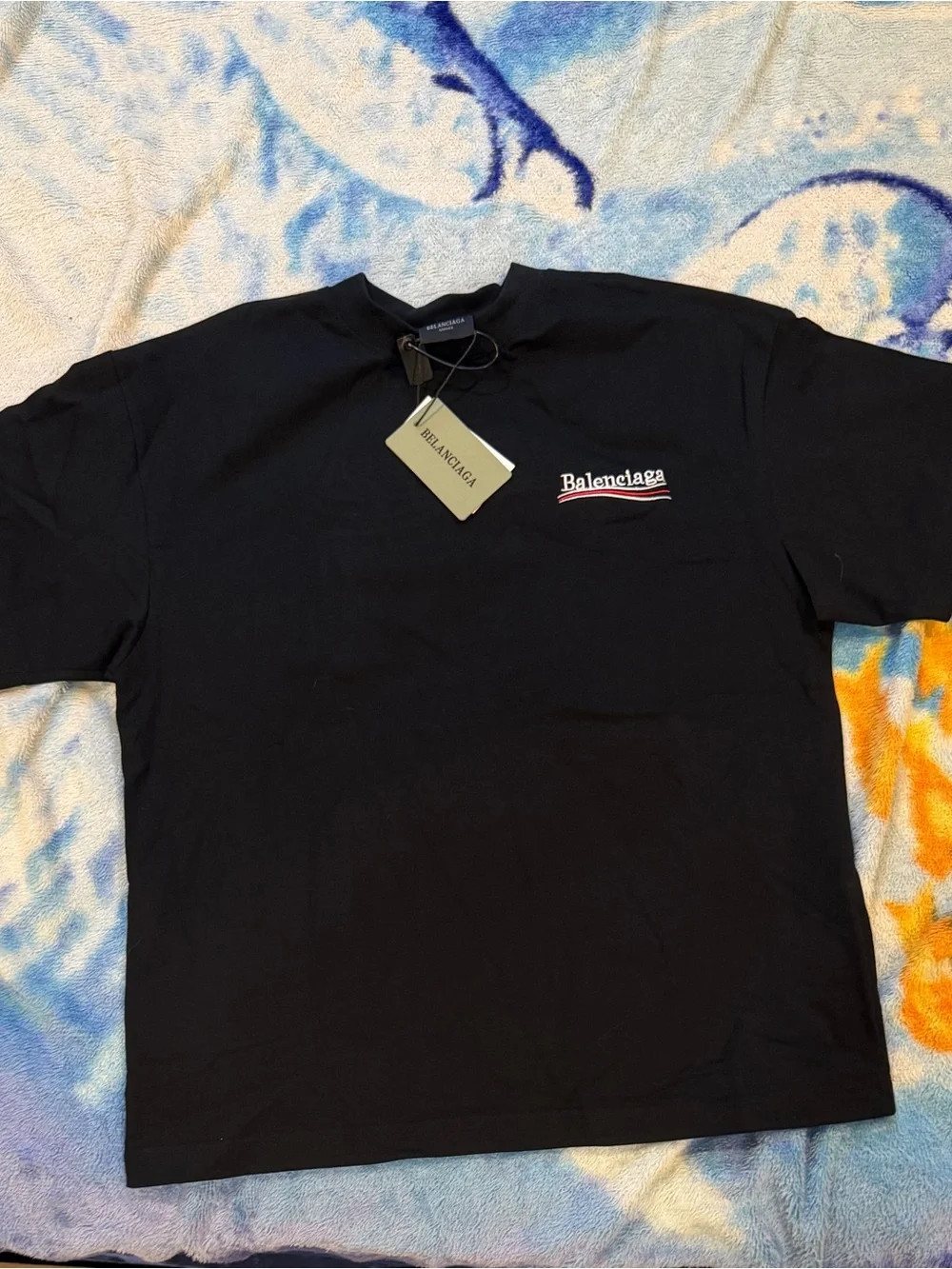 Balenciaga Black Short-Sleeve Logo Tee with Red & White Detail